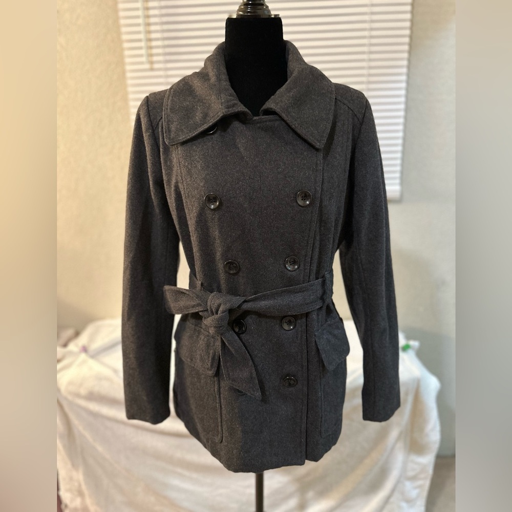 Sophisticated charcoal grey women’s pea coat, NY&Co. size medium.